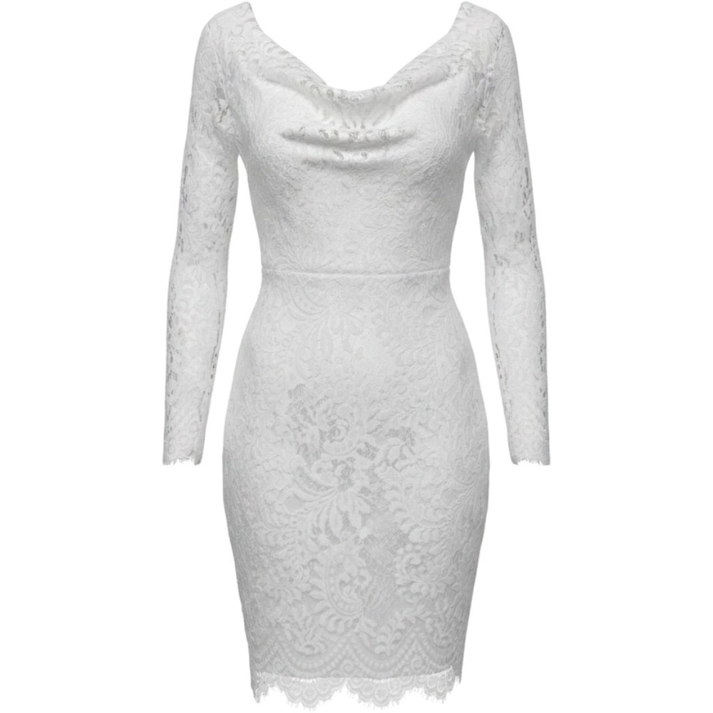 White Floral Lace Long Sleeve Cowl Neck Bodycon Dress with Eyelash Trim
